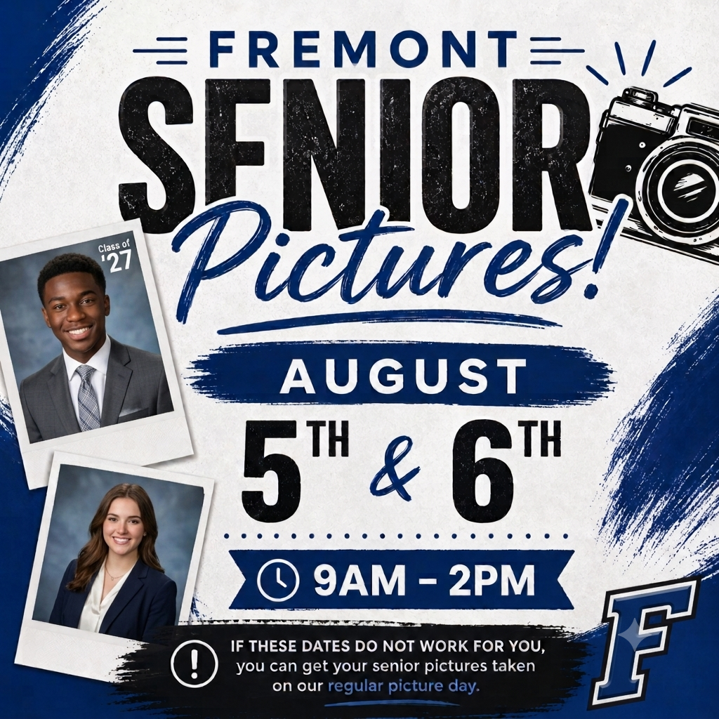 Senior Pictures are Aug 5 & 6 from 9-2. If those dates don't work, you can still get your picture taken on the normal picture day. 