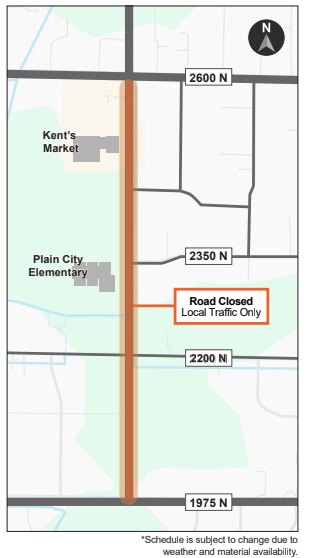 The image is a simple traffic and construction map detailing a road closure area in Plain City, Utah. The Closure: A long vertical orange highlight marks the construction zone on the main north-south road running right past Plain City Elementary and Kent's Market. Boundaries: The construction stretches from 1975 N at the south end all the way up to 2600 N at the north end.