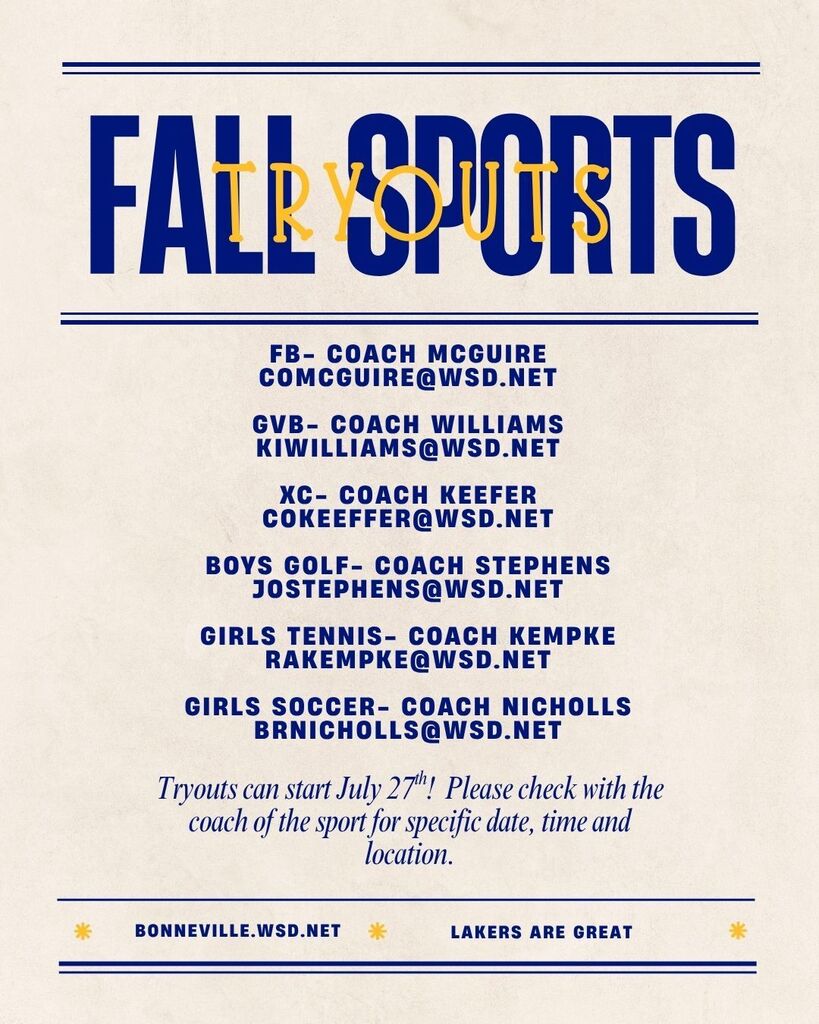 FB- Coach Mcguire comcguire@wsd.net GVB- Coach Williams kiwilliams@wsd.net XC- Coach Keefer cokeeffer@wsd.net boys golf- coach stephens jostephens@wsd.net girls tennis- coach kempke rakempke@wsd.net girls soccer- coach nicholls brnicholls@wsd.net Fall Sports Tryouts can start July 27th! Please check with the coach of the sport for specific date, time and location.