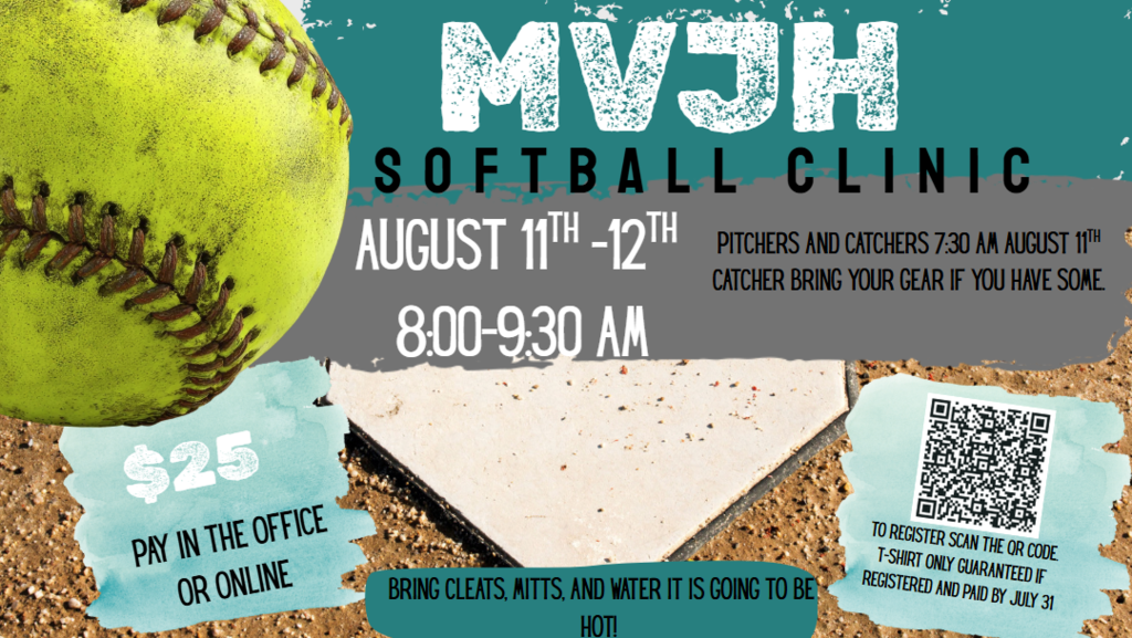MVJH Softball Clinic – Register Today! 🥎 Mountain View Junior High is excited to host our MVJH Softball Clinic on August 11–12 from 8:00–9:30 a.m. This clinic is a great opportunity for players to improve their skills, build confidence, and get ready for the upcoming season. Clinic Details: 📅 August 11–12 🕗 8:00–9:30 a.m. 💲 Cost: $25 💳 Pay online or in the school office Pitchers & Catchers: Pitchers and catchers should arrive at 7:30 a.m. on August 11. Catchers are encouraged to bring their own gear if they have it. What to Bring: Glove Cleats Softball mitt Water bottle ☀️ It will be hot, so come prepared to work hard and stay hydrated! Register Today! Scan the QR code on the flyer to register. Players who register and pay by July 31 are guaranteed a clinic T-shirt. We look forward to seeing you on the field for two fun mornings of softball! 💜🥎