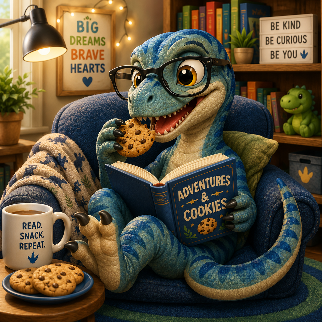 a cartoon raptor sitting in a bean bag chair, eating a cookie and reading a book 