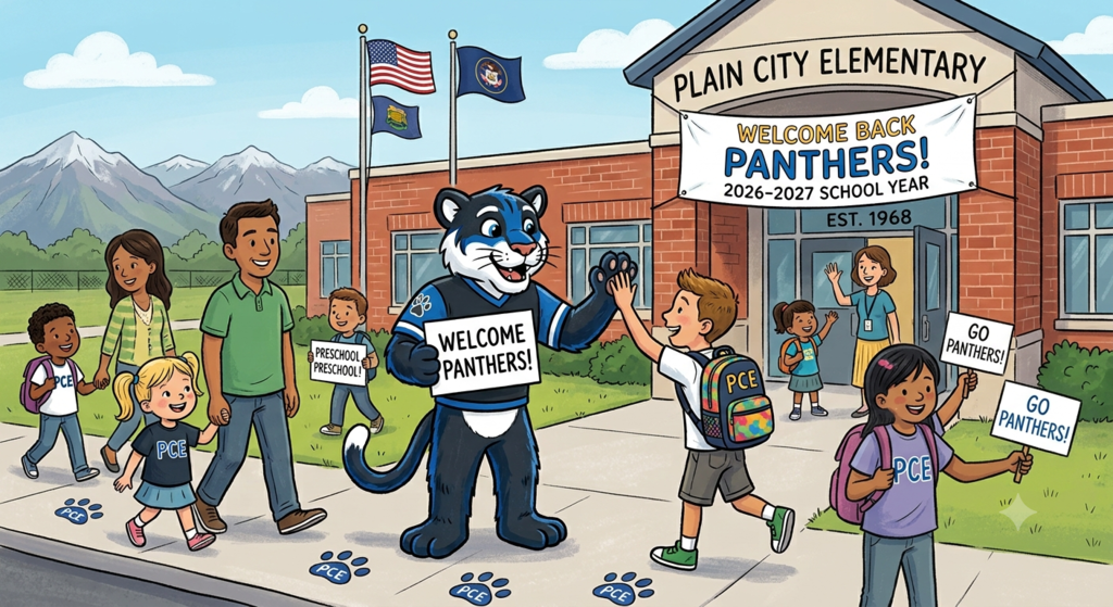 cartoon image of panther mascot welcoming children into school on the first day of school signs read: welcome back panthers 2026-2027 school year, welcome panthers, go panthers, and preschool preschool!