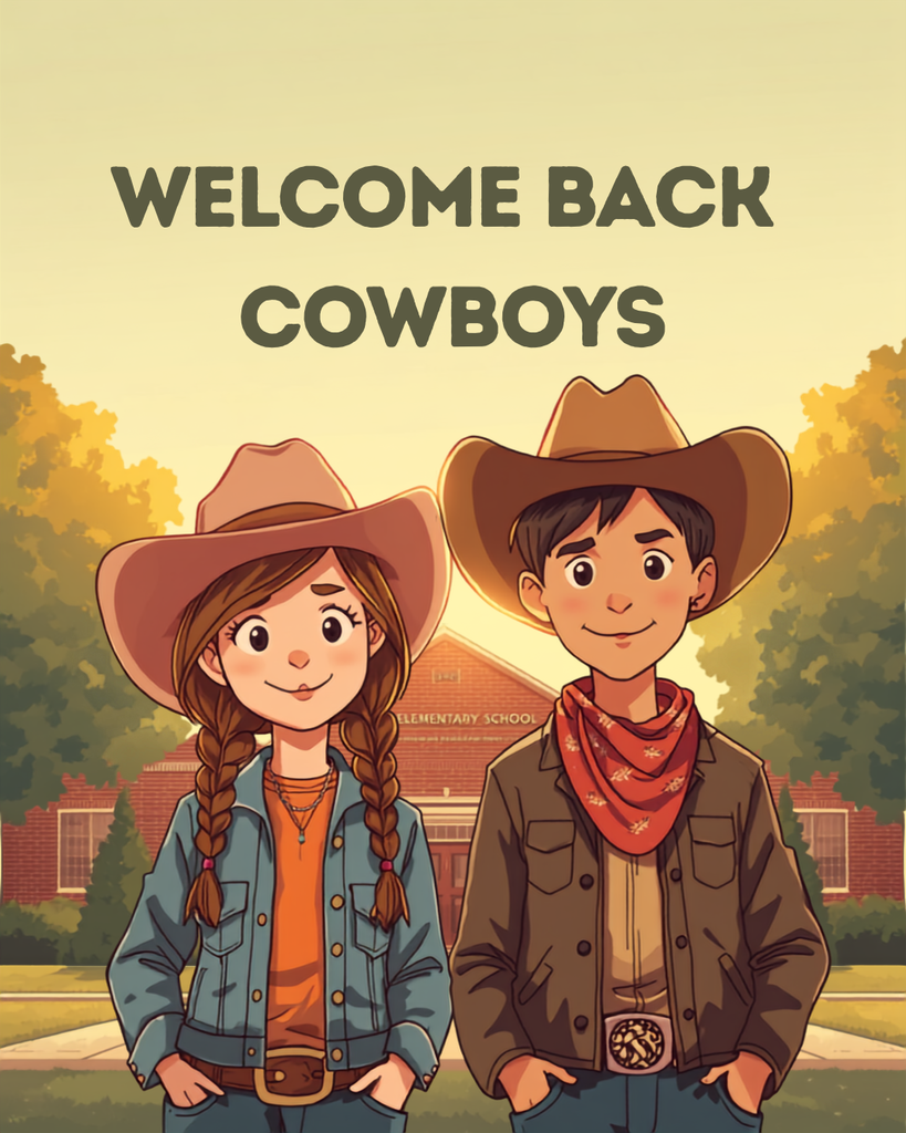 Cowgirl and Cowboy standing in front of elementary school, text says welcome back cowboys.