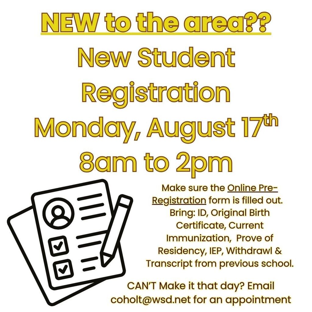New Student Registration Monday Aug 17th  8-2