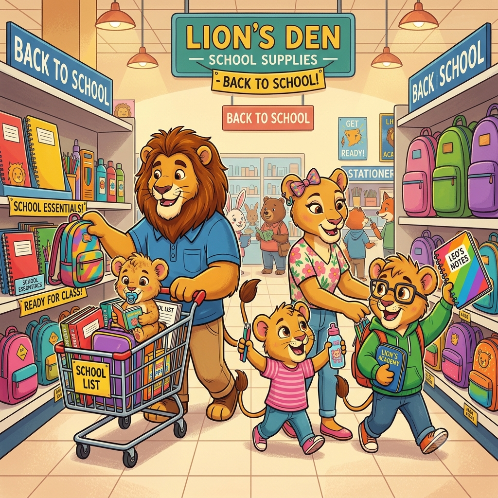 A colorful cartoon illustration of a lion family shopping for back-to-school supplies in a store named "Lion's Den School Supplies." The father lion pushes a shopping cart with a baby lion inside holding a book. The mother lion walks alongside two young lion cubs who are excited, holding school notebooks, pencils, and wearing backpacks. Shelves on both sides display colorful backpacks, notebooks, and supply boxes under "Back to School" banners.