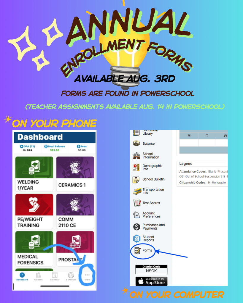 Annual Enrollment forms available Aug. 3rd and Teacher assignements available on Aug. 14th on PowerSchool