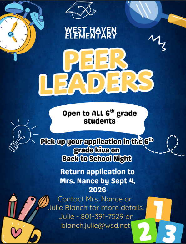 Peer leader applications available for pick up at back to school night in the 6th grade kiva. 