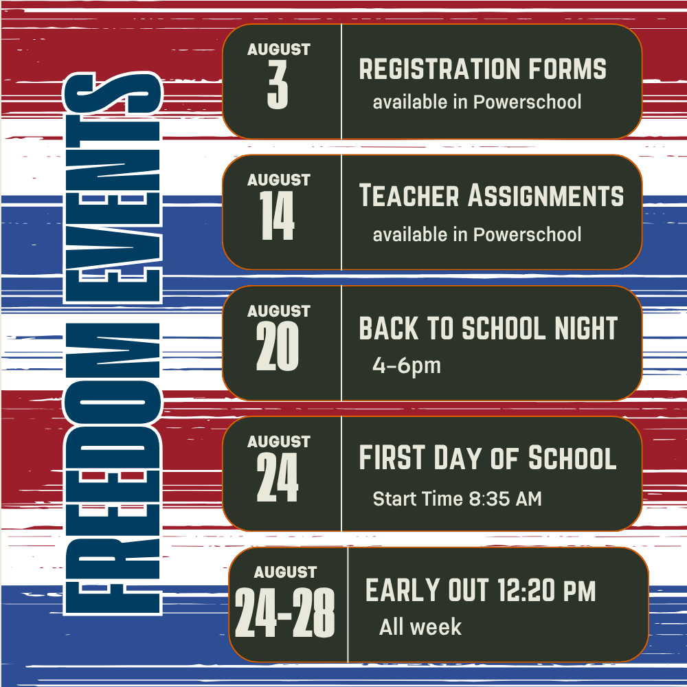 Aug 3- registration documents available in powerschool. Aug 14th- Teacher assignments available in powerschool, Aug 20th Back to School Night. Aug 24th First day of school. Aug 24-28 Early out at 12:20
