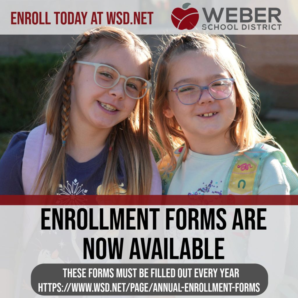 Two students are posing in front of the school with smiles on the first day. Main titles include Enrollment forms are now available and must be filled out every year.