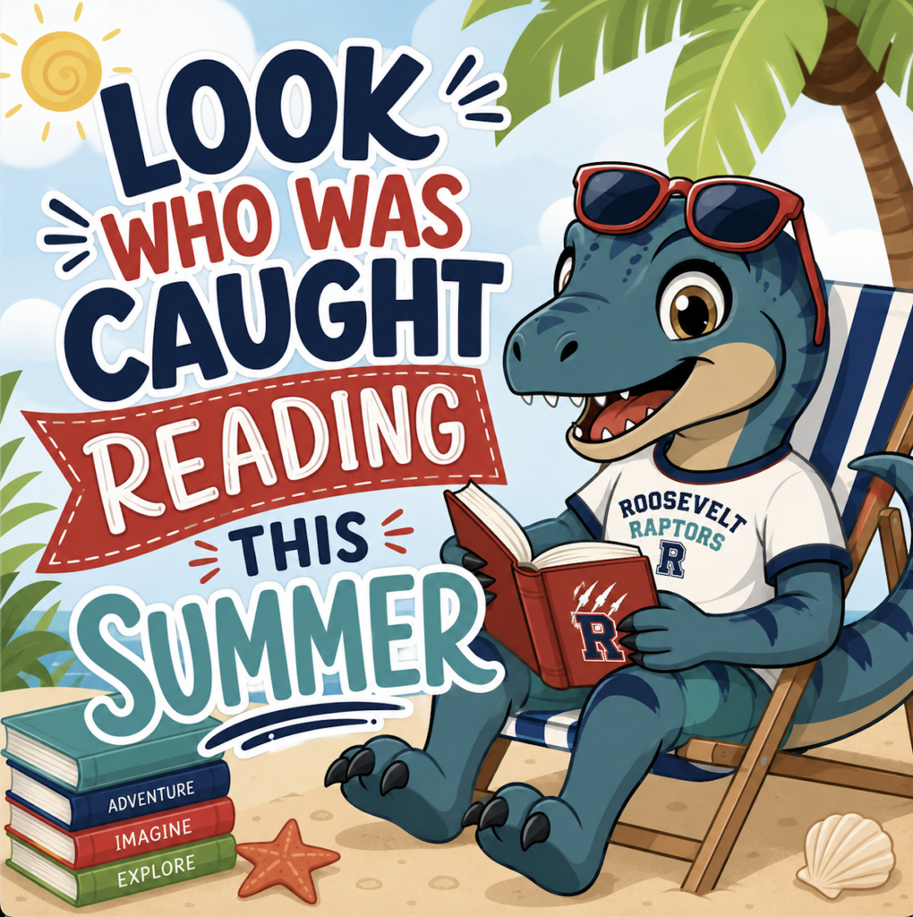 Look who was caught reading this summer- cartoon raptor sitting in a chair with sunglasses on and reading a book