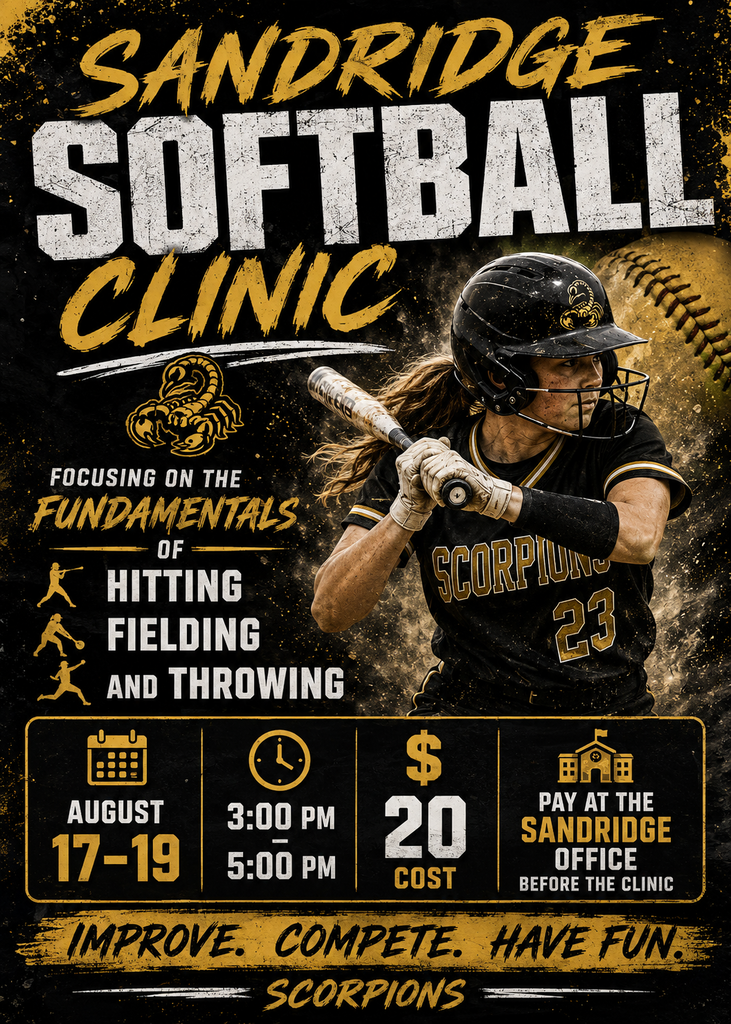🥎 Ready to elevate your game? Join us for the Sandridge Softball Clinic! 🥎  Whether you're looking to sharpen your skills or build a stronger foundation, this 3-day clinic focuses on the core fundamentals: Hitting, Fielding, and Throwing.  Event Details: 📅 Dates: August 17–19 ⏰ Time: 3:00 PM – 5:00 PM 💰 Cost: $20 📍 Payment: Pay at the Sandridge Office before the clinic starts!  Improve. Compete. Have fun. See you on the field, Scorpions! 🦂