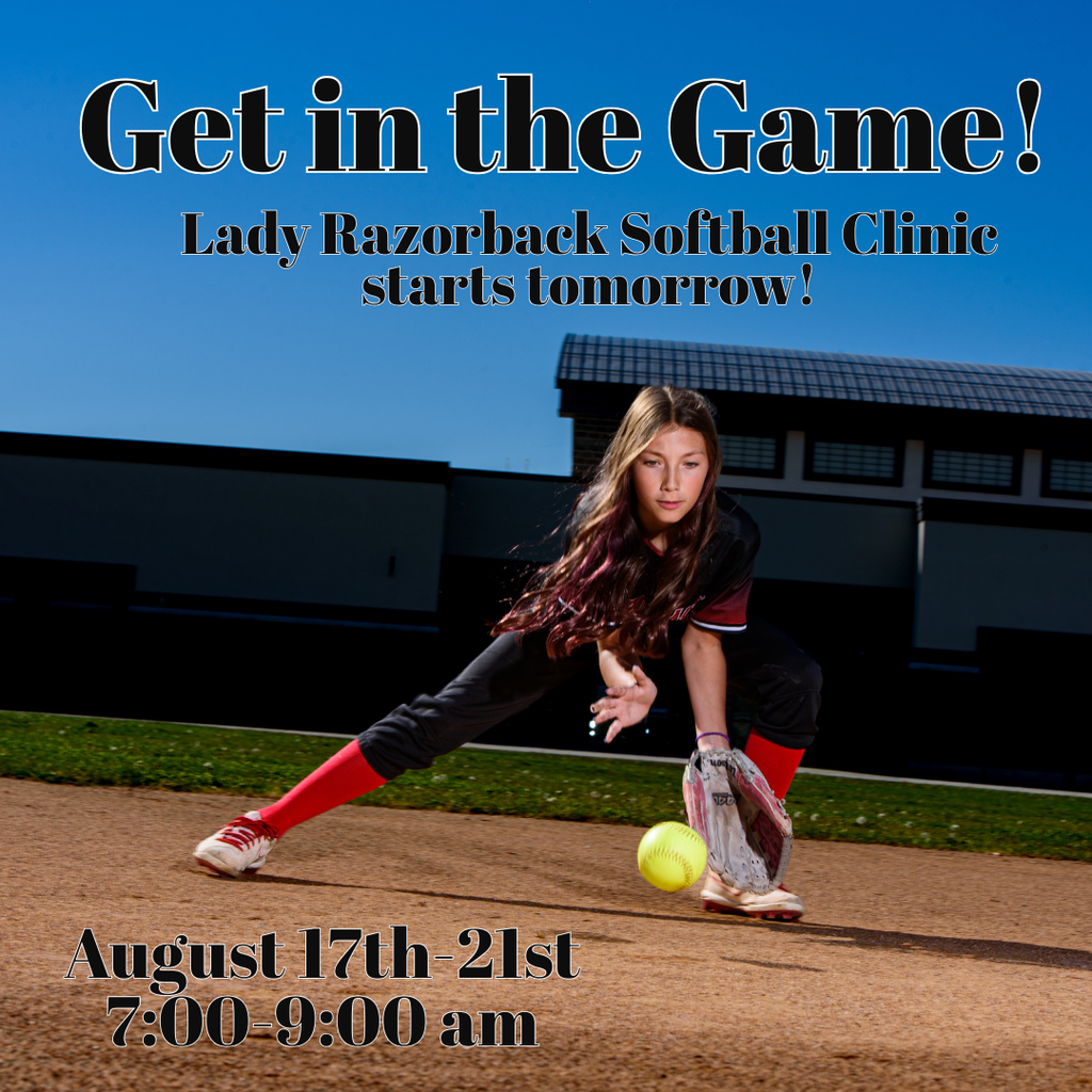 photograph of a Roy Jr Softball player catching a low ball. Announcing: Get in the game! Lady Razorback Softball Clinic starts tomorrow! August 17th-21st 7-9 am