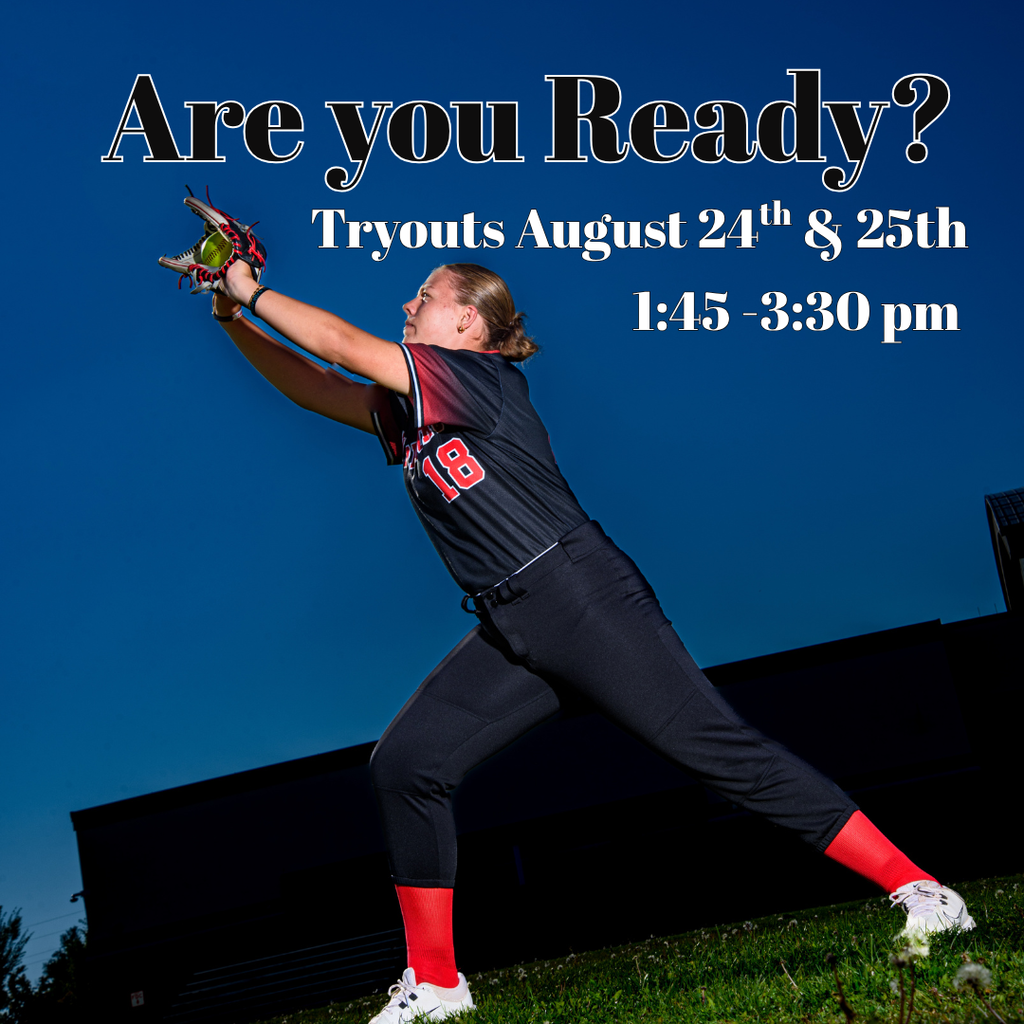 Photograph of a Roy Jr Softball player catching a high ball. Are you Ready? Tryouts August 24th and 25th 1:45-3:30 pm