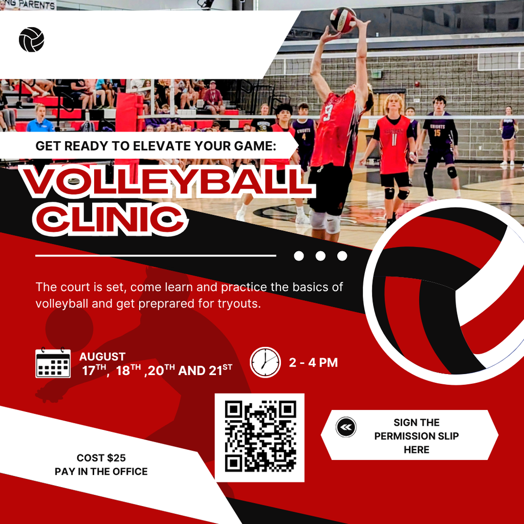 Graphic image with information for Boys Volleyball Clinic. When: August 17,18,20,21 Time: 2-4 pm Cost: $25 Pay in the office and fill out the permission slip by August 7th to be guaranteed a t-shirt. you may still sign up after that date but will still be charged the full $25 and may not get a shirt. Come learn and practice the basics of volleyball and enjoy a little friendly competition. Get preprared for tryouts. Questions contact Coach Ryan nelson rynelson@wsd.net