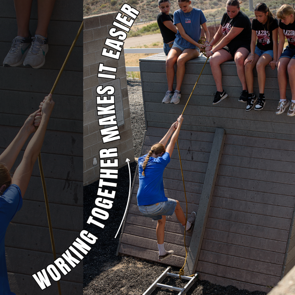 Photographs of Roy junior officers at a challenge course, learning how to be leaders. "Working together makes it easier"