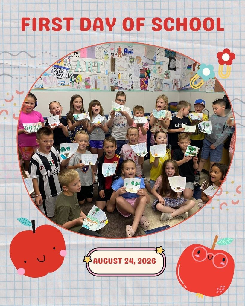 FIRST DAY OF SCHOOL, AUGUST 24, 2026, stock photo of plain city elementary students and emoji apples 