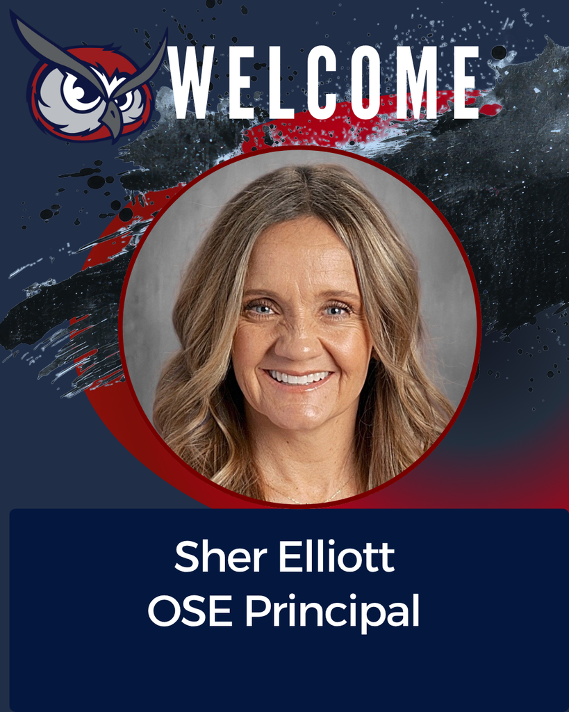 Picture of school's principal. Text says Sher Elliott - OSE Principal - Red, blue and silver theme. 