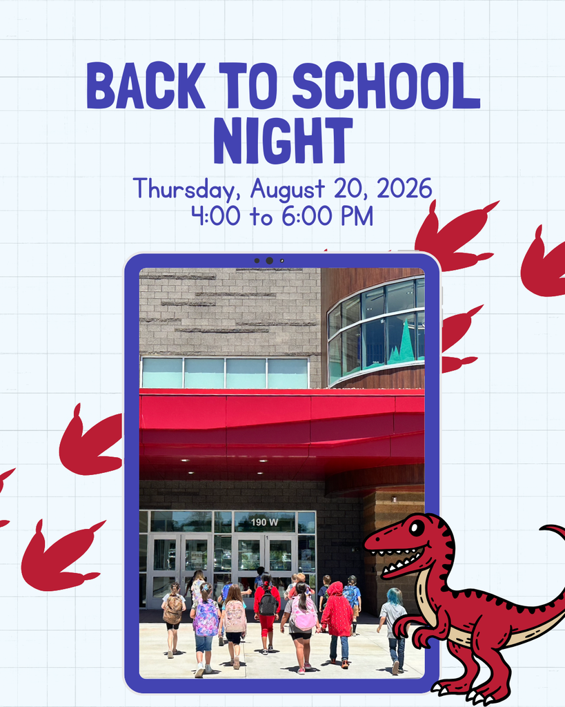 back to school night- thursday august 20th 2026-4:00 to 6:00 pm- image of children walking into school with a red raptor graphic