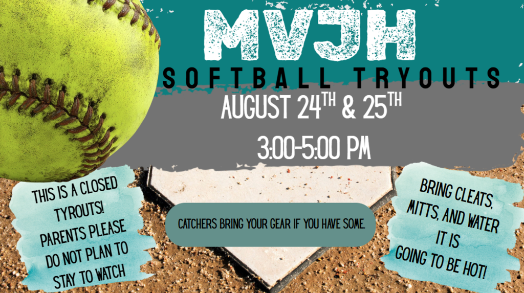 🥎 SOFTBALL TRYOUTS ARE COMING! 🥎 📅 August 24th & 25th ⏰ 3:00–5:00 PM 📍 Mountain View Junior High 🔥 It’s going to be HOT, so everyone needs to bring plenty of water! 🥎 Catchers: Please bring your catching gear. 🚨 CLOSED TRYOUTS 🚨 Parents, please plan to drop your athlete off and not stay to watch tryouts. Thank you for helping us provide the best environment for our athletes and coaches! Come ready to work hard, compete, and show us what you’ve got! 💪🥎 GO MAVERICKS! 💜