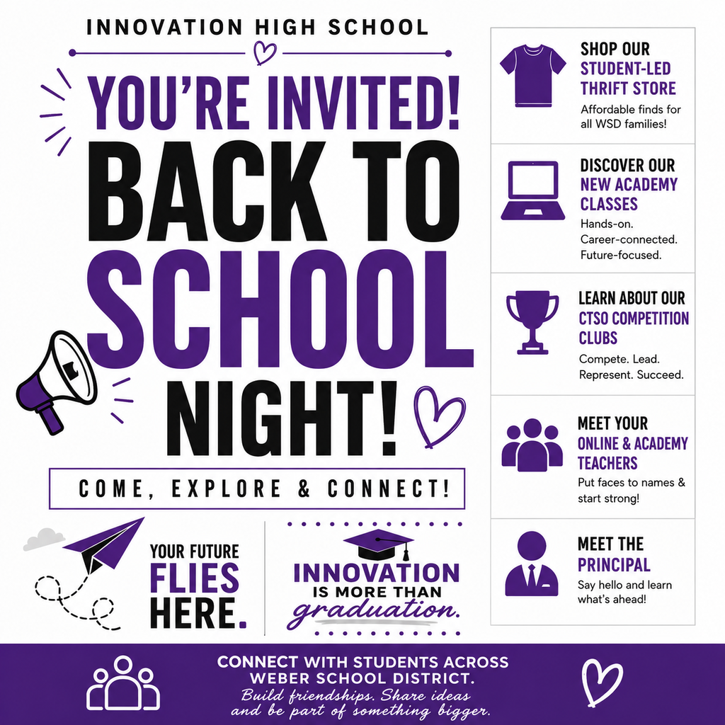 🎉 Innovation High School Back to School Night is almost here! 🎉  Join us August 19 from 3:30–6:30 PM for an evening designed to help students and families connect, explore, and get excited for the year ahead.