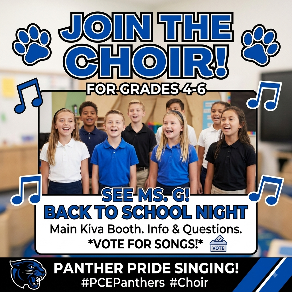 Graphic announcement for the Plain City Elementary School Choir featuring the school colors: blue, white, and black, alongside panther paw print accents. At the top, bold text reads "JOIN THE CHOIR! FOR GRADES 4-6." Below is a photo of elementary school students smiling and singing together in a choir setting. At the bottom, a white box displays details for Back to School Night: "SEE MS. G! BACK TO SCHOOL NIGHT. Main Kiva Booth. Info & Questions. VOTE FOR SONGS!" A panther mascot icon appears in the bottom corner alongside text reading "PANTHER PRIDE SINGING!" and hashtags #PCEPanthers and #Choir.