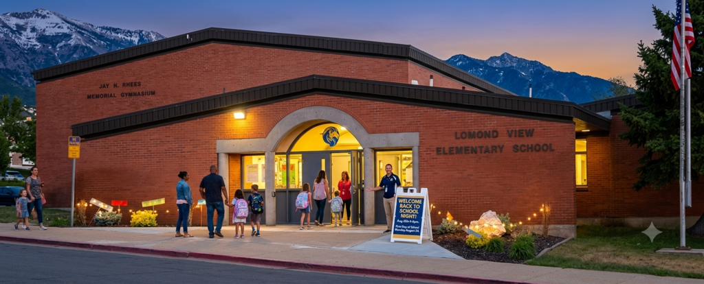An exterior dusk photo of Lomond View Elementary School glowing with warm lighting and fairy lights in the flowerbeds. Excited families and children with backpacks walk through the main entrance for Back to School Night, greeted by a staff member next to a welcome sign, with dramatic snow-capped mountains set against an evening sky in the background.