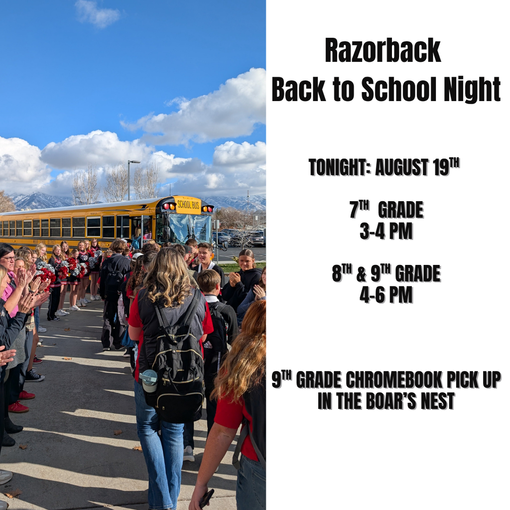 Photo of students walking to the bus. Razorback Back to school night. Tonight, August 19th. 7th grade 3-4 pm. 8th and 9th grade 4-6 pm. 9th grade chromebook pick up in the boar's nest