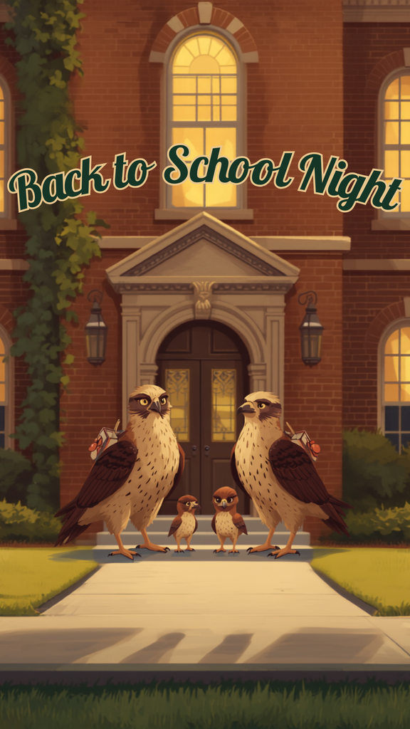 Falcons in front of a school with font that says back to school night
