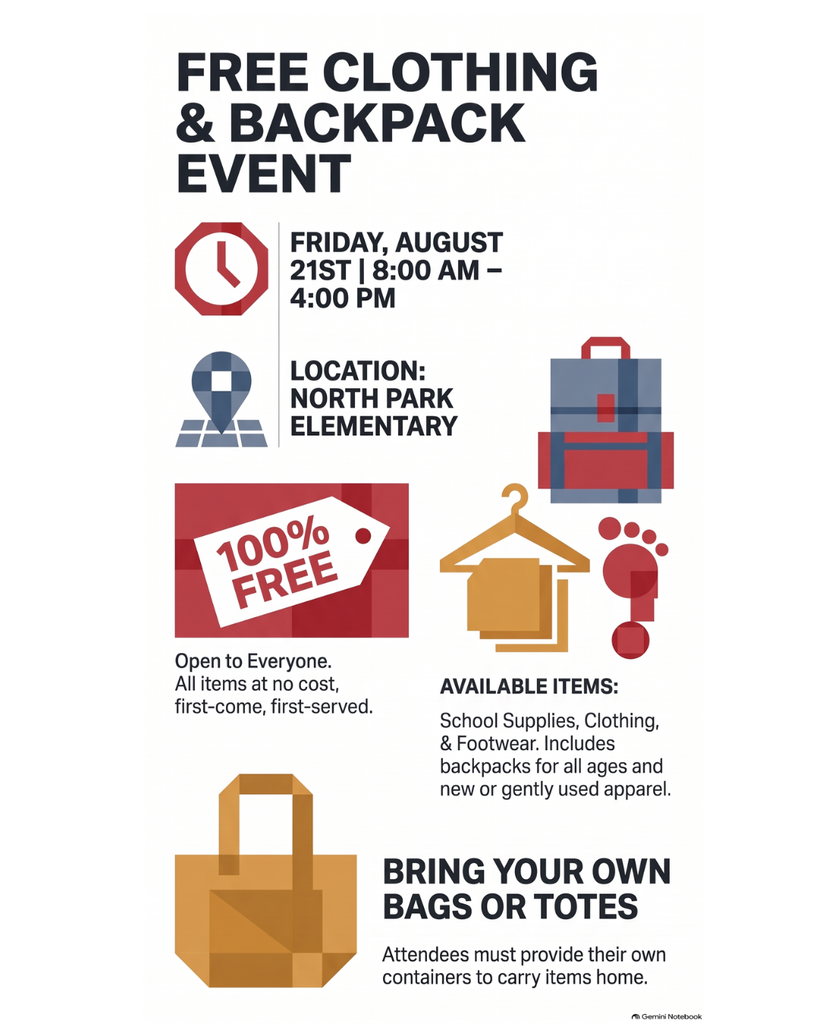 Free clothing and backpack event. 8-4 today August 21st at North Park Elementary