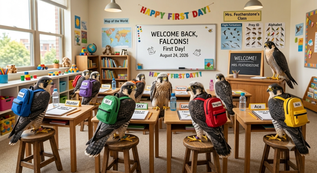 Falcon children in a classroom that has welcome back first day August 24th on the board.