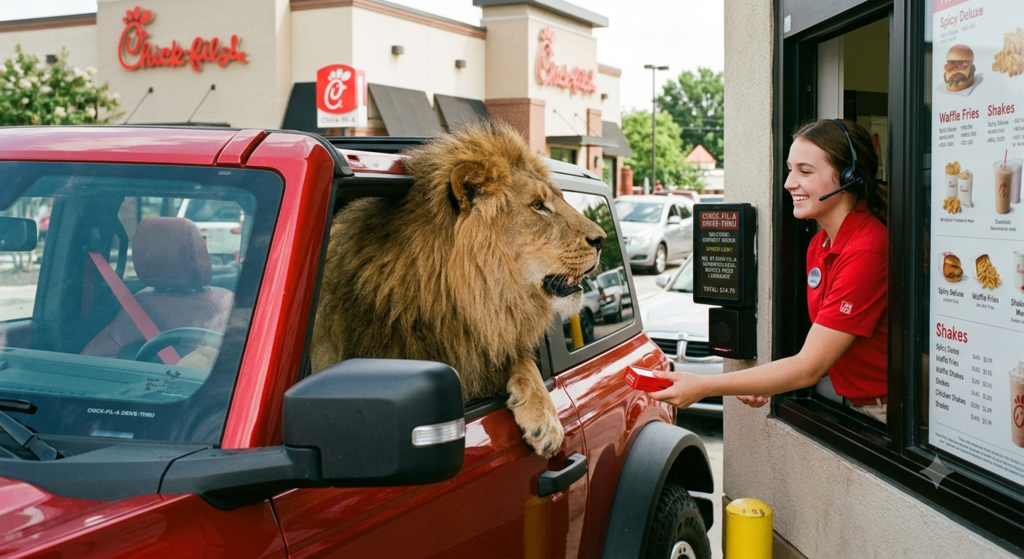 A large male lion leaning out the window of a red SUV at a Chick-fil-A drive-thru, placing an order with a smiling employee working at the drive-thru window.