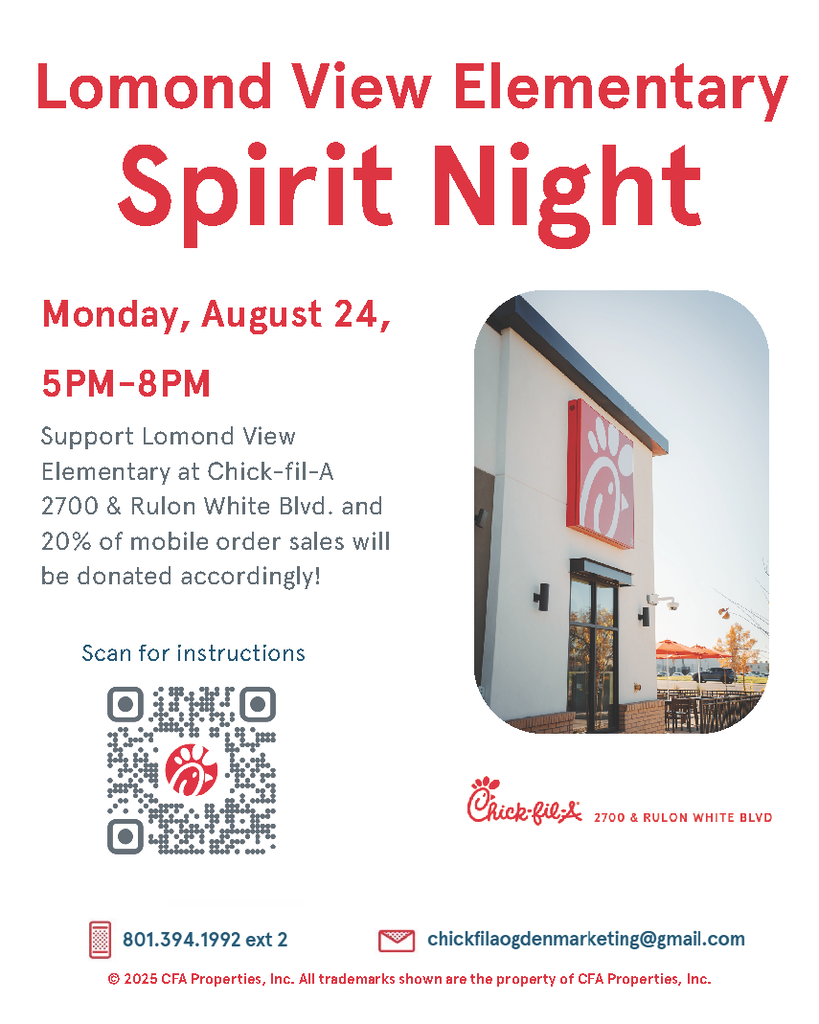 Flyer for Lomond View Elementary Spirit Night at Chick-fil-A on Monday, August 24, from 5 PM to 8 PM. Includes event details, location at 2700 & Rulon White Blvd., a QR code to scan for instructions, and a photo of the Chick-fil-A storefront.
