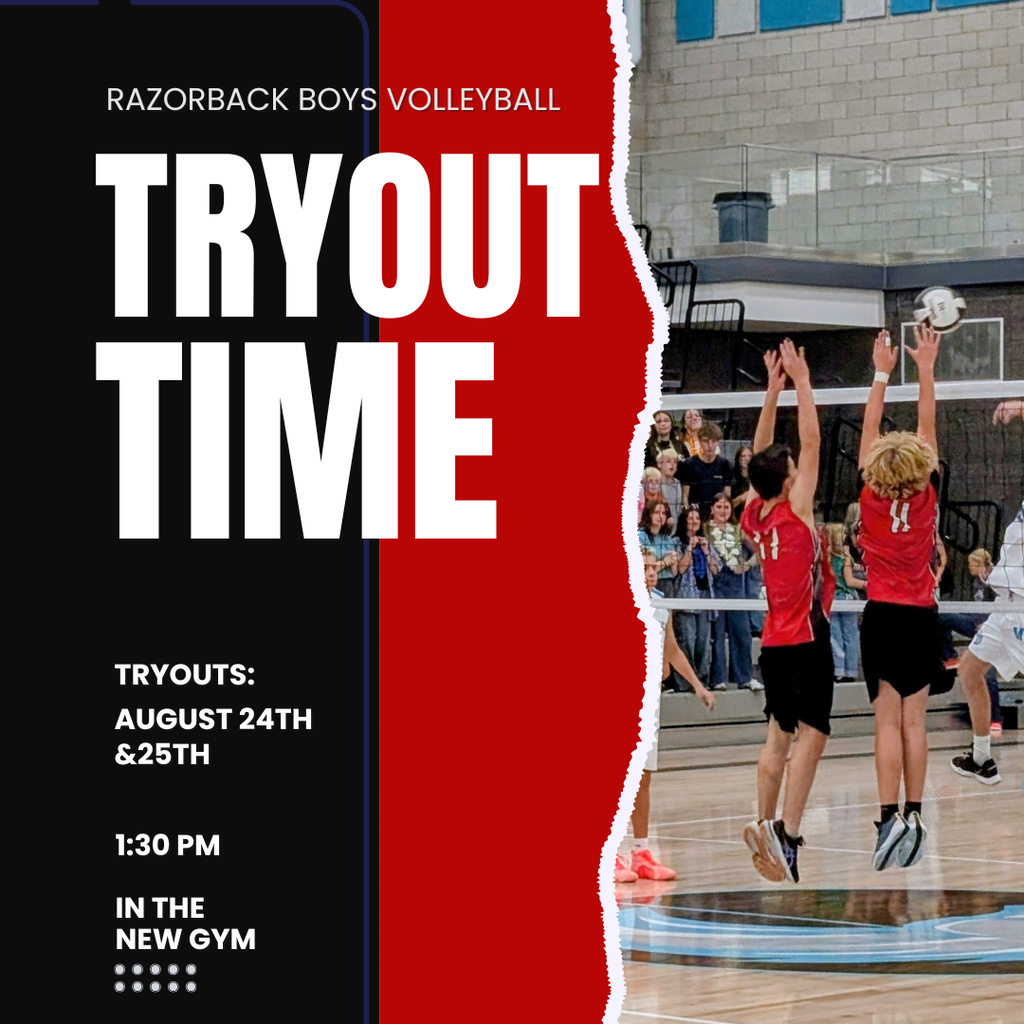 photograph of Roy is boys volleyball players blocking a ball at the net. information regarding tryouts. tryout time. Razorback boys volleyball tryouts. tryouts: August 24th & 25th. 1:30-3:30. in the new gym.