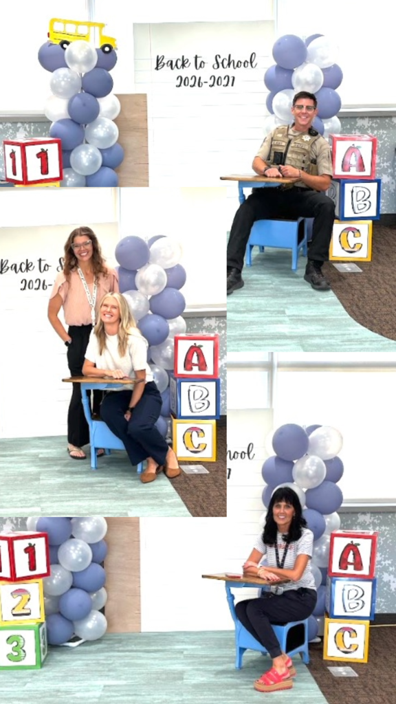 Top Right: A male police officer in uniform seated at a blue school desk.  Middle Left: Two women smiling together—one seated at the desk and one standing behind her.  Bottom Right: A woman in a striped shirt and dark pants seated at the blue desk.  Left and Right Borders: Feature decorative balloon columns and stacked 123 and ABC blocks.