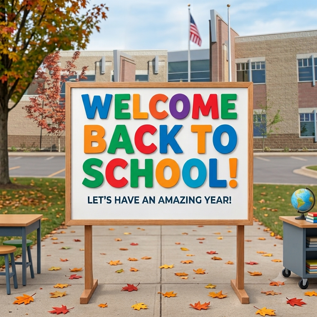 A wooden sign standing outside a school building that reads "WELCOME BACK TO SCHOOL! LET'S HAVE AN AMAZING YEAR!" in large, colorful block letters, with autumn leaves scattered on the sidewalk.