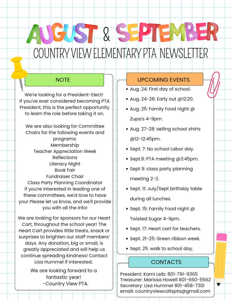 PTA newsletter for August & September