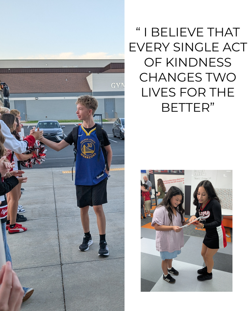 photograph of roy jr student being welcomed back to school and students in the hall 'I believe that every single act of kindness changes two lives for the better'