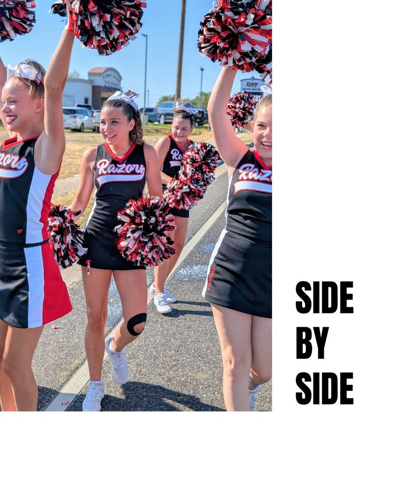 photograph of roy jr cheerleaders walking tand cheering at the parade, 'side by side'