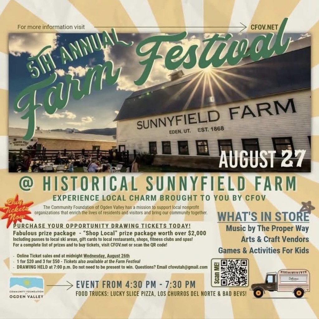 Header & Image: Promotional flyer set against a sunburst background. The top features a photo of Sunnyfield Farm in Eden, Utah, bathed in sunlight, overlaid with stylized green text reading "5th Annual Farm Festival" and the date "August 27." Main Title: "@ HISTORICAL SUNNYFIELD FARM — Experience local charm brought to you by CFOV." Event Details: Time: 4:30 PM – 7:30 PM What's in Store: Music by The Proper Way, Arts & Craft Vendors, Games & Activities for Kids. Food Trucks: Lucky Slice Pizza, Los Churros Del Norte, and Bad Bevs! Opportunity Drawing Information: "Shop Local" prize package worth over $2,000 (includes ski passes, restaurant gift cards, spa/fitness passes). Ticket Prices: 1 for $20 or 3 for $50. Online sales end midnight Wednesday, August 26th. Tickets also sold at the festival. Drawing held at 7:00 PM (do not need to be present to win). Contact & Links: Visit CFOV.net or email cfovutah@gmail.com. Includes a QR code labeled "Scan Me!" and the logo for the Community Foundation of Ogden Valley.