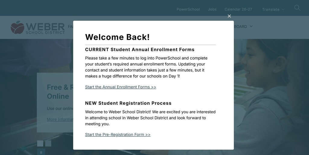 Image of the Welcome Back pop up on Weber School District Website