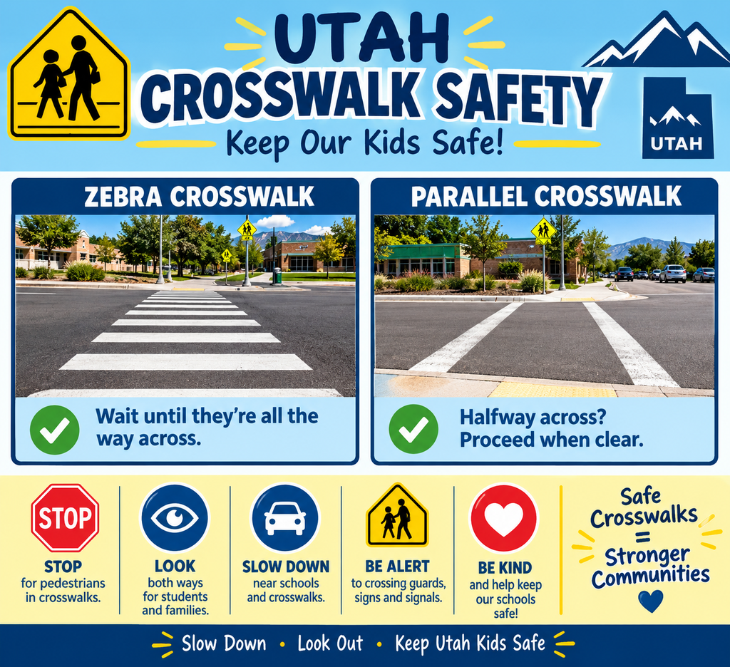Infographic titled "UTAH CROSSWALK SAFETY - Keep Our Kids Safe!" top center, alongside Utah state logo. Left panel compares a "ZEBRA CROSSWALK" instructing drivers to "Wait until they're all the way across." Right panel compares a "PARALLEL CROSSWALK" instructing drivers: "Halfway across? Proceed when clear." Bottom row lists five safety rules: STOP, LOOK, SLOW DOWN, BE ALERT, and BE KIND, ending with the slogan "Safe Crosswalks = Stronger Communities" and "Slow Down • Look Out • Keep Utah Kids Safe".