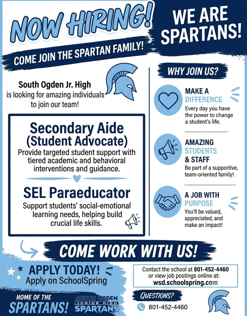 A flyer displaying information about applying for a Secondary Aide position and paraeducator positions at South Ogden Jr. High.