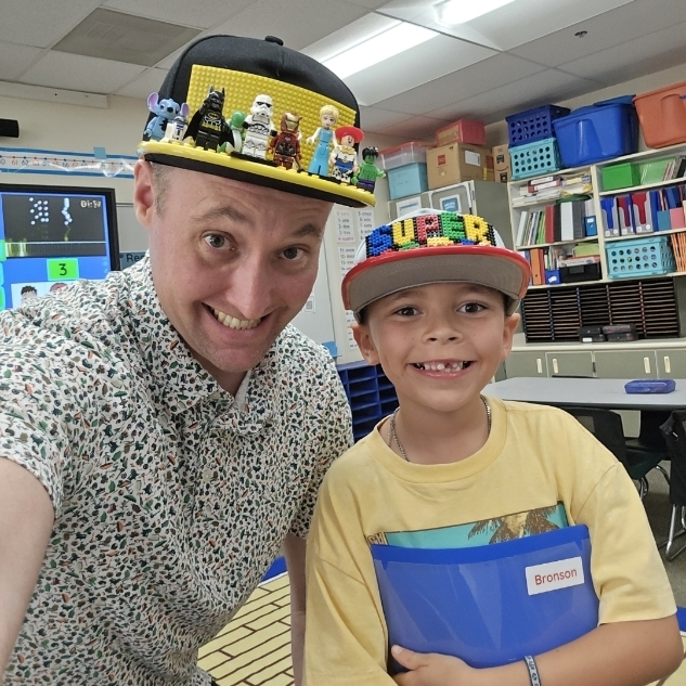 Sr. Findlay twinning with a student in their Lego hats