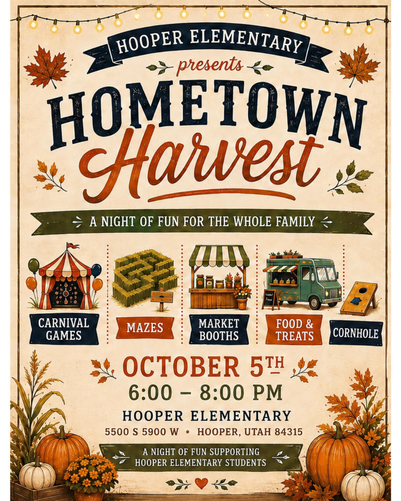 Two vintage-style autumn posters for Hooper Elementary’s “Hometown Harvest.” The left poster promotes a family event on October 5 from 6–8 PM featuring carnival games, mazes, market booths, food and treats, and cornhole. The right poster invites local vendors to participate, highlighting community involvement and event details, including contact information. Both posters feature fall leaves, pumpkins, warm autumn colors, and rustic decorations.