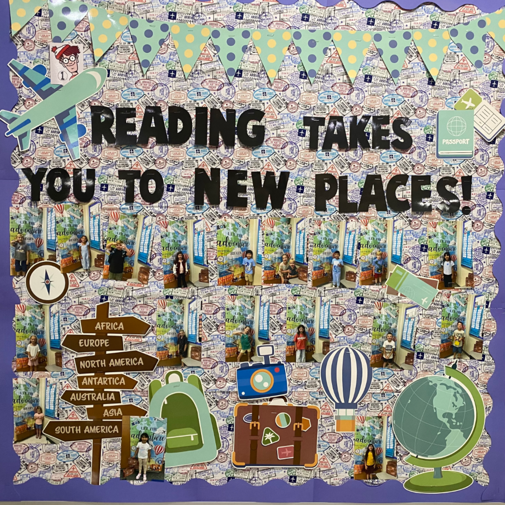 Bulletin board with the saying Reading Takes You To New Places!
