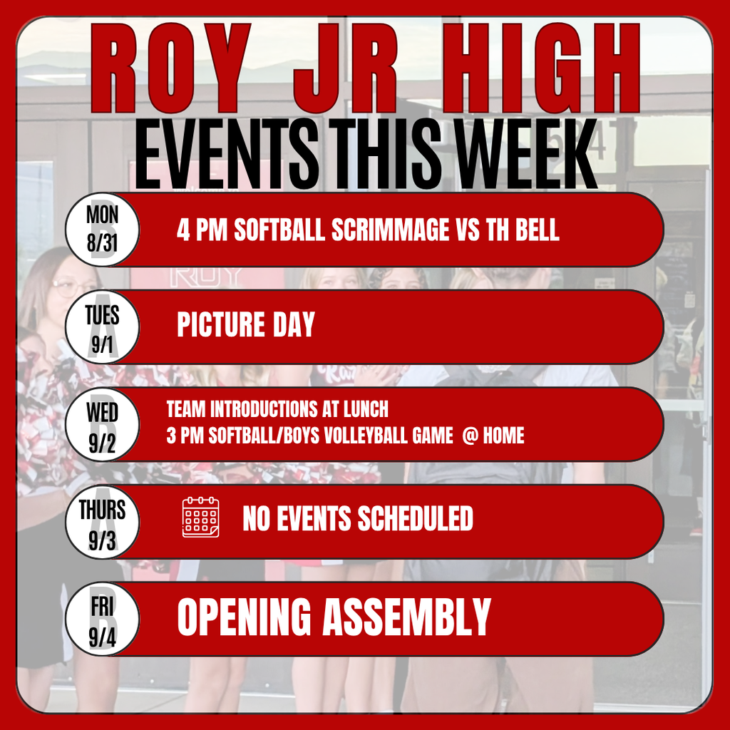 Infographic with information for the upcoming week. Events this week Mon 8/31 4 pm Softball Scrimmage vs TH Bell Tues 9/1 Picture Day wed 9/2 Team Introductions at Lunch 3 pm Softball/Boys Volleyball GAme @ Home thurs 9/3 No events scheduled fri 9/4Opening Assembly