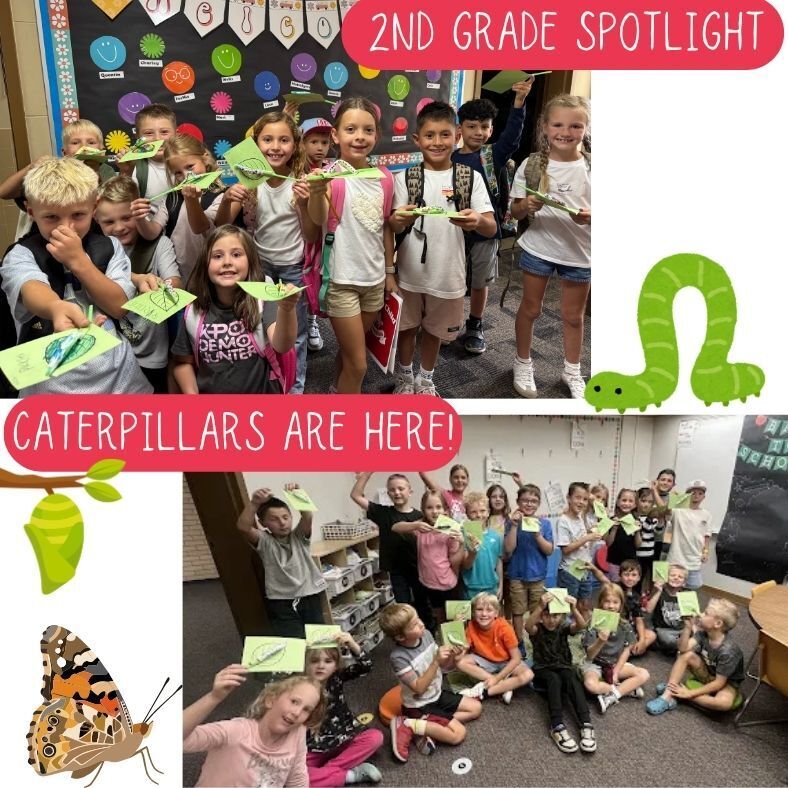 2nd grade spotlight- caterpillars are here. students with caterpillar art project
