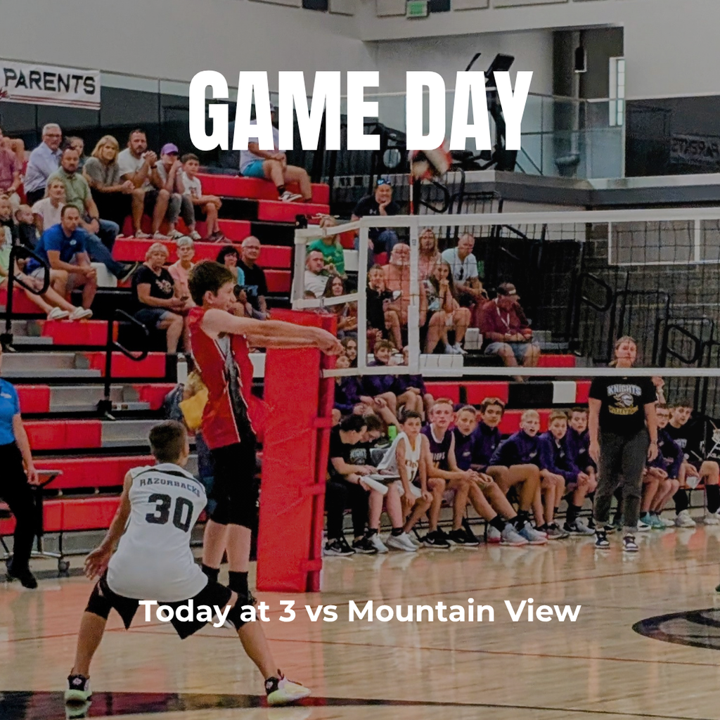 photograph of a Roy jr boys volleyball player setting the ball during a game. "GAME DAY today at 3 vs Mountain view"