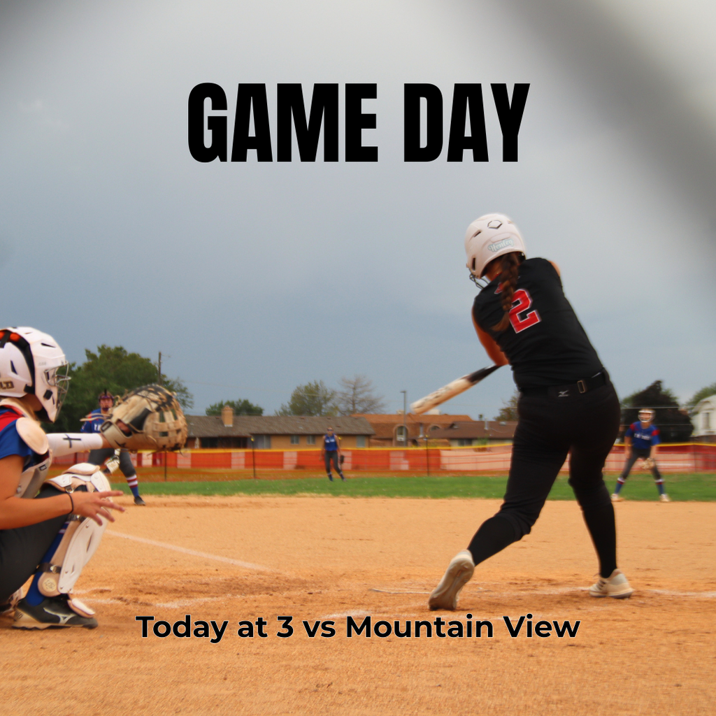 photograph of a Roy Jr Softball player swinging to hit a ball. "GAME DAY today at 3pm vs Mountain View