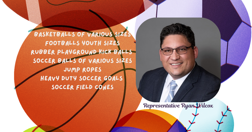 Rep. Ryan Wilcox 27 Basketballs of various sizes 15 footballs youth sizes 63 Rubber playground kick balls 19 soccer balls of various sizes 17 jump ropes 2 heavy duty soccer goals and 12 soccer field cones